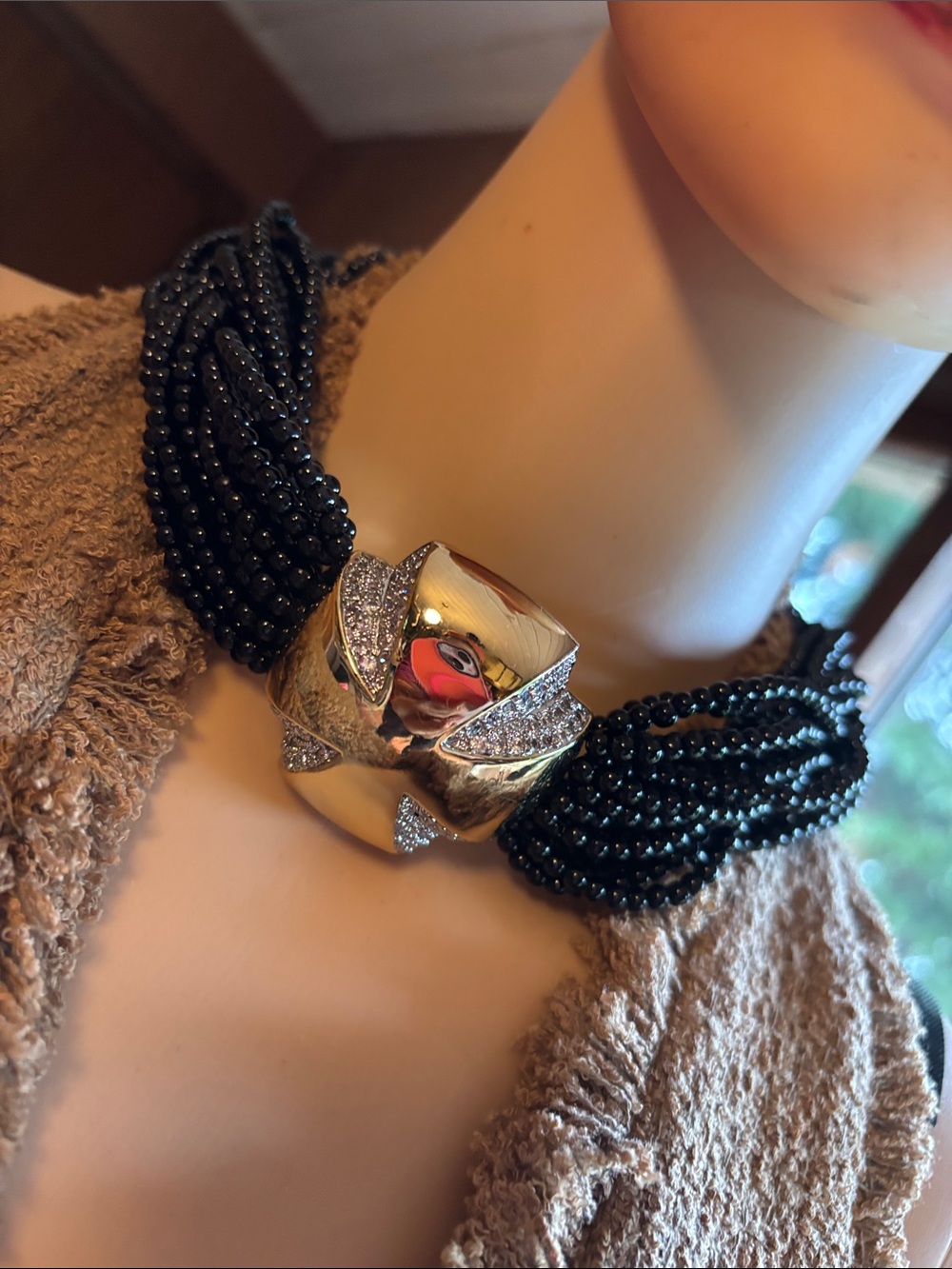 Gold-Tone Sculpted Centerpiece Black Multi-Strand Bead Choker Necklace